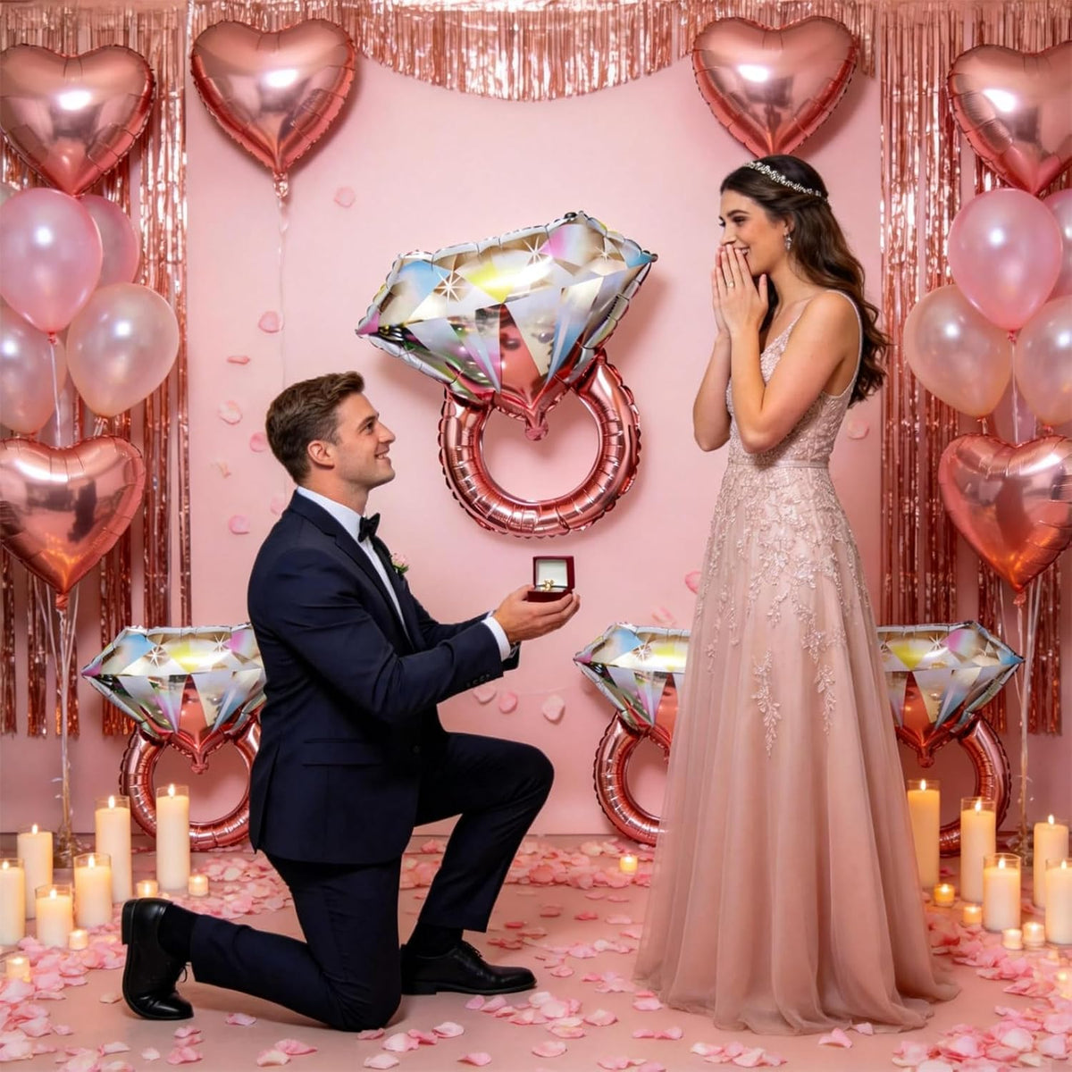Rose Gold Diamond Ring Balloons 4 Pcs,Foil Engagement Ring Balloons
