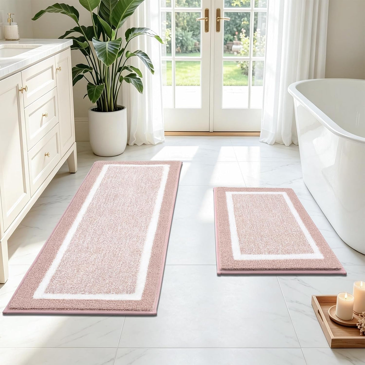Bathroom Rugs Sets 2 Piece, Non Slip Washable Bath Mat, Dusty Pink