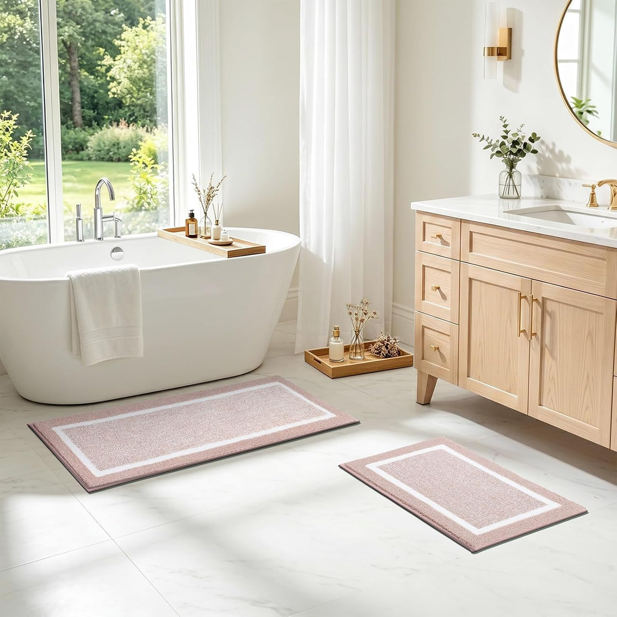 Bathroom Rugs Sets 2 Piece, Non Slip Washable Bath Mat, Dusty Pink