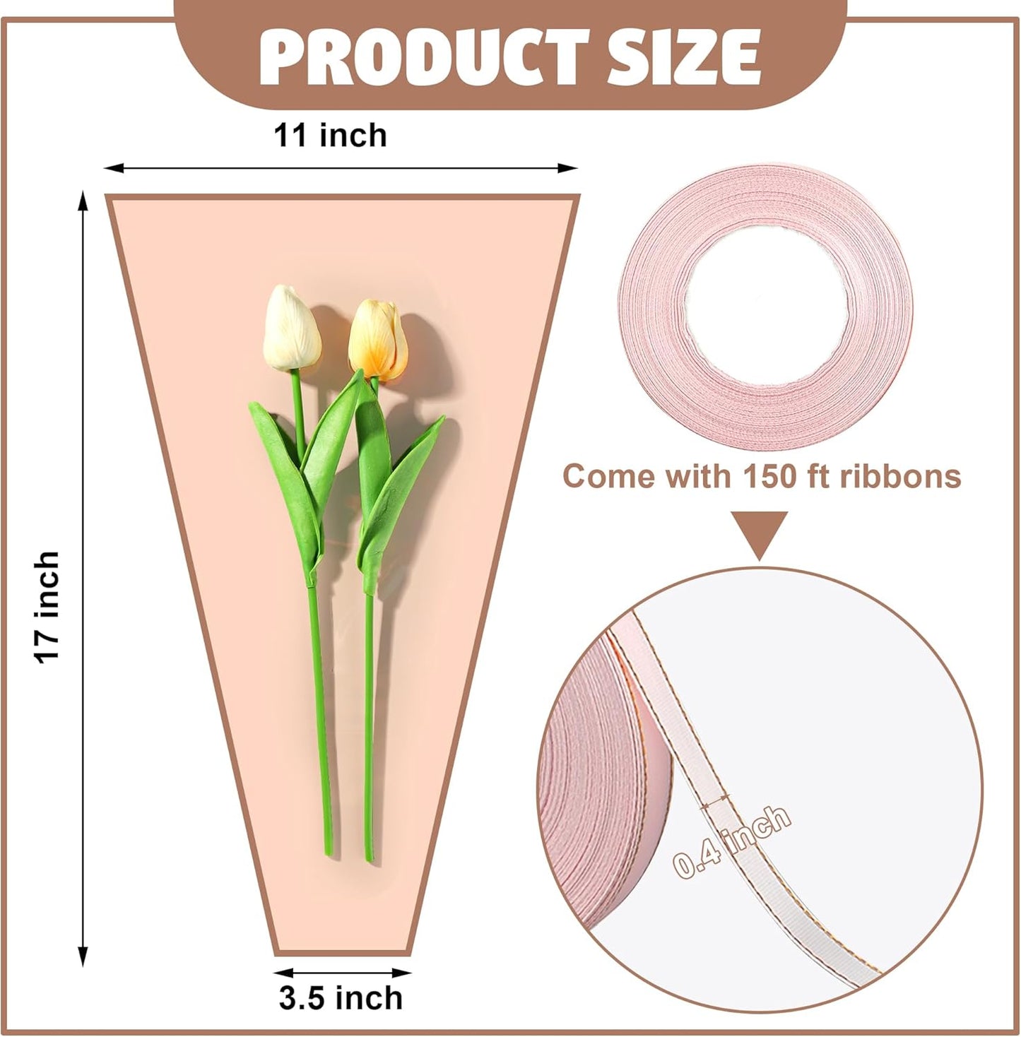 50PCS Flower Wrapping Bags for Bouquets 17 x 11in Pink Floral Bouquet Packing Sleeves with Ribbon Plastic Flower Bouquet Sleeves for Mother's Day Valentine Wedding Birthday Graduation Florist Supplies
