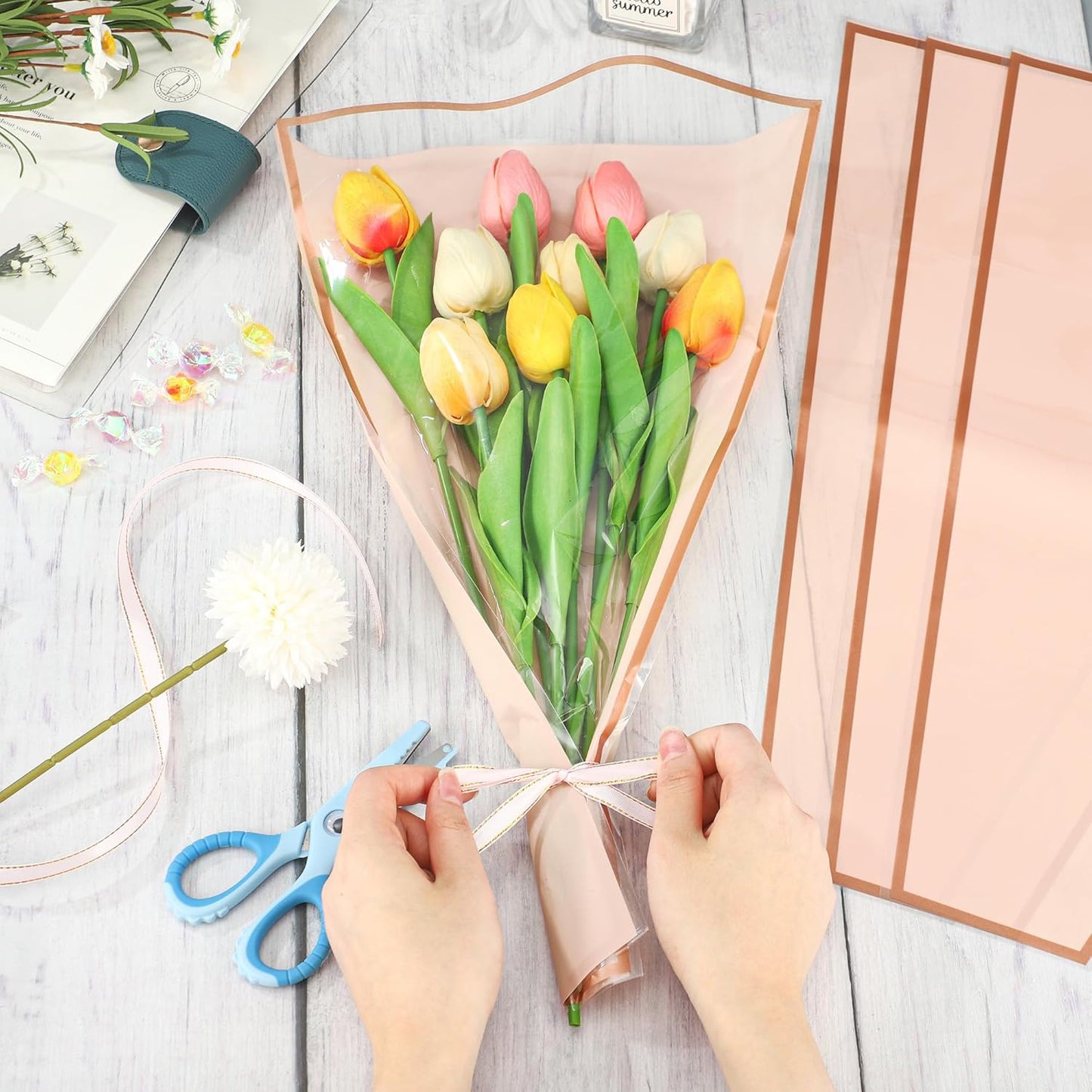 50PCS Flower Wrapping Bags for Bouquets 17 x 11in Pink Floral Bouquet Packing Sleeves with Ribbon Plastic Flower Bouquet Sleeves for Mother's Day Valentine Wedding Birthday Graduation Florist Supplies