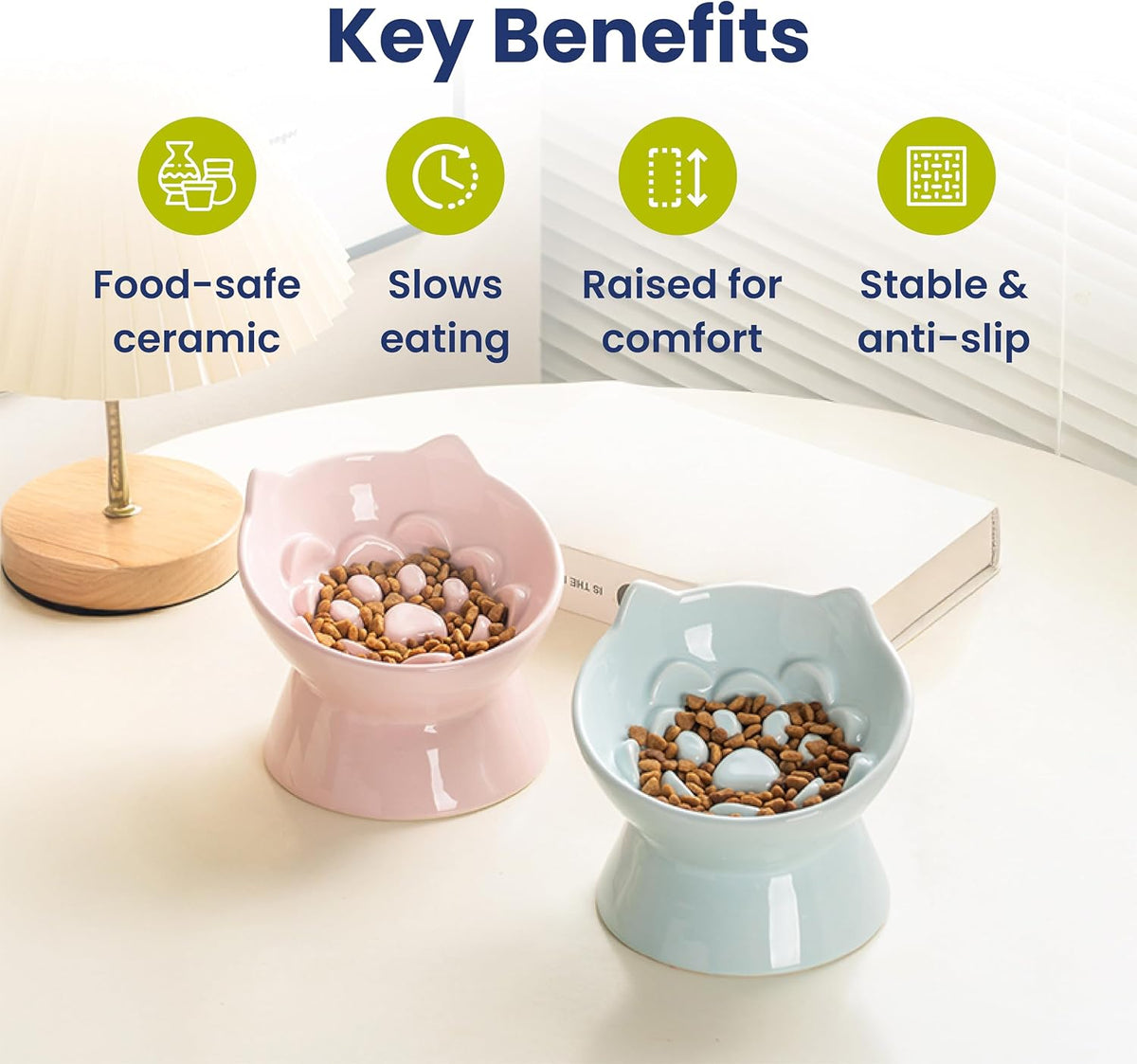 Lynx Ceramic Raised Slow Dog & Cat Elevated Food Bowl, Quartz Pink