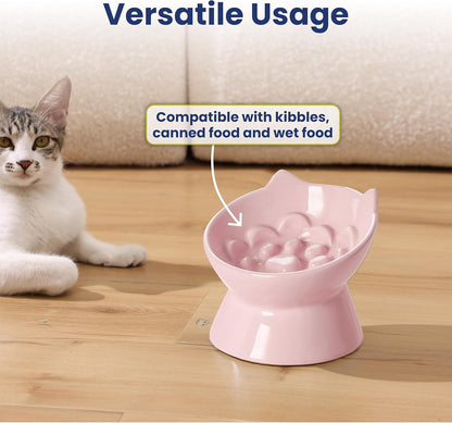 Lynx Ceramic Raised Slow Dog & Cat Elevated Food Bowl, Quartz Pink