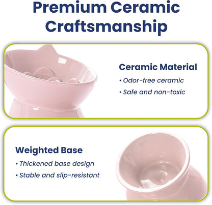 Lynx Ceramic Raised Slow Dog & Cat Elevated Food Bowl, Quartz Pink