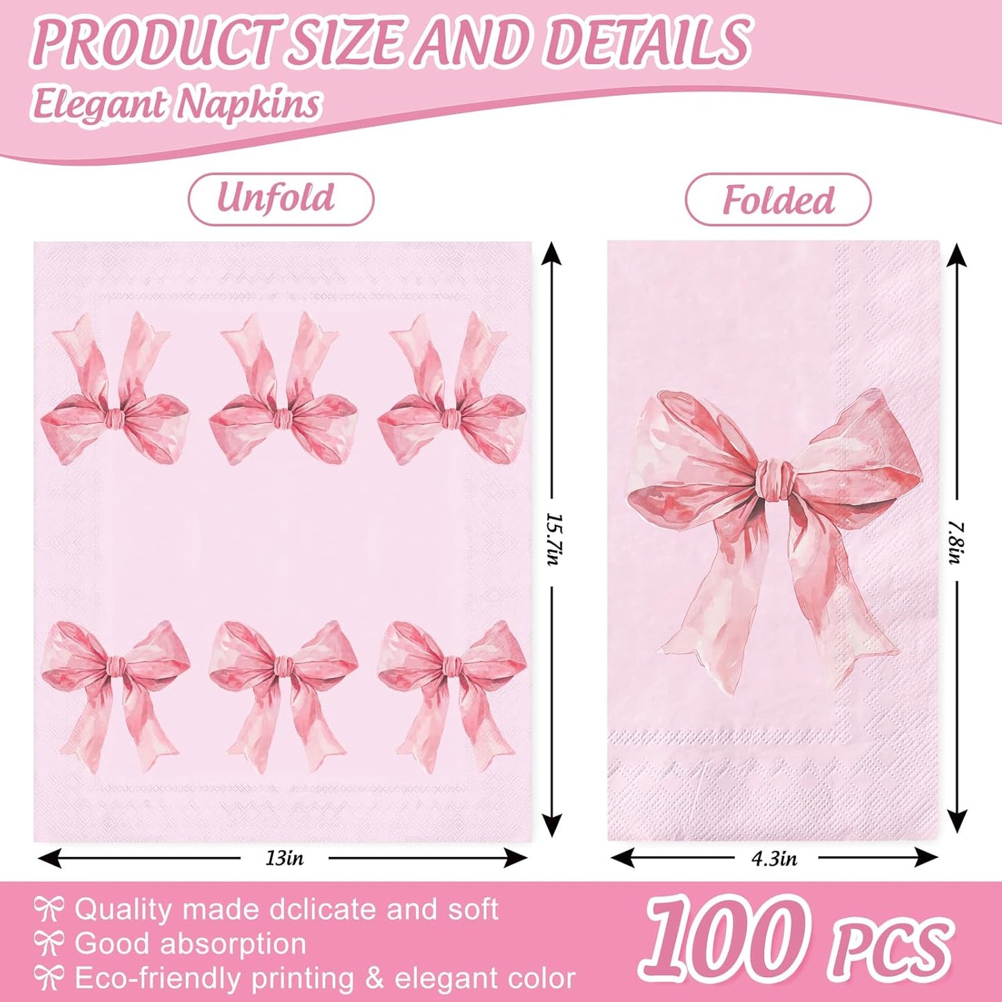 FYSUIMU 100Pcs Pink Bow Guest Napkins Coquette Bowknot Disposable Napkins Cute Bow Girly Party Dinner Hand Towels for Wedding Bachelorette Bridal or Baby Shower Birthday Party Bathroom Supplies
