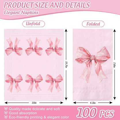 FYSUIMU 100Pcs Pink Bow Guest Napkins Coquette Bowknot Disposable Napkins Cute Bow Girly Party Dinner Hand Towels for Wedding Bachelorette Bridal or Baby Shower Birthday Party Bathroom Supplies
