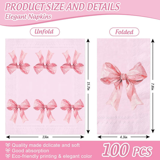 FYSUIMU 100Pcs Pink Bow Guest Napkins Coquette Bowknot Disposable Napkins Cute Bow Girly Party Dinner Hand Towels for Wedding Bachelorette Bridal or Baby Shower Birthday Party Bathroom Supplies