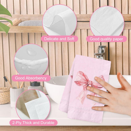 FYSUIMU 100Pcs Pink Bow Guest Napkins Coquette Bowknot Disposable Napkins Cute Bow Girly Party Dinner Hand Towels for Wedding Bachelorette Bridal or Baby Shower Birthday Party Bathroom Supplies