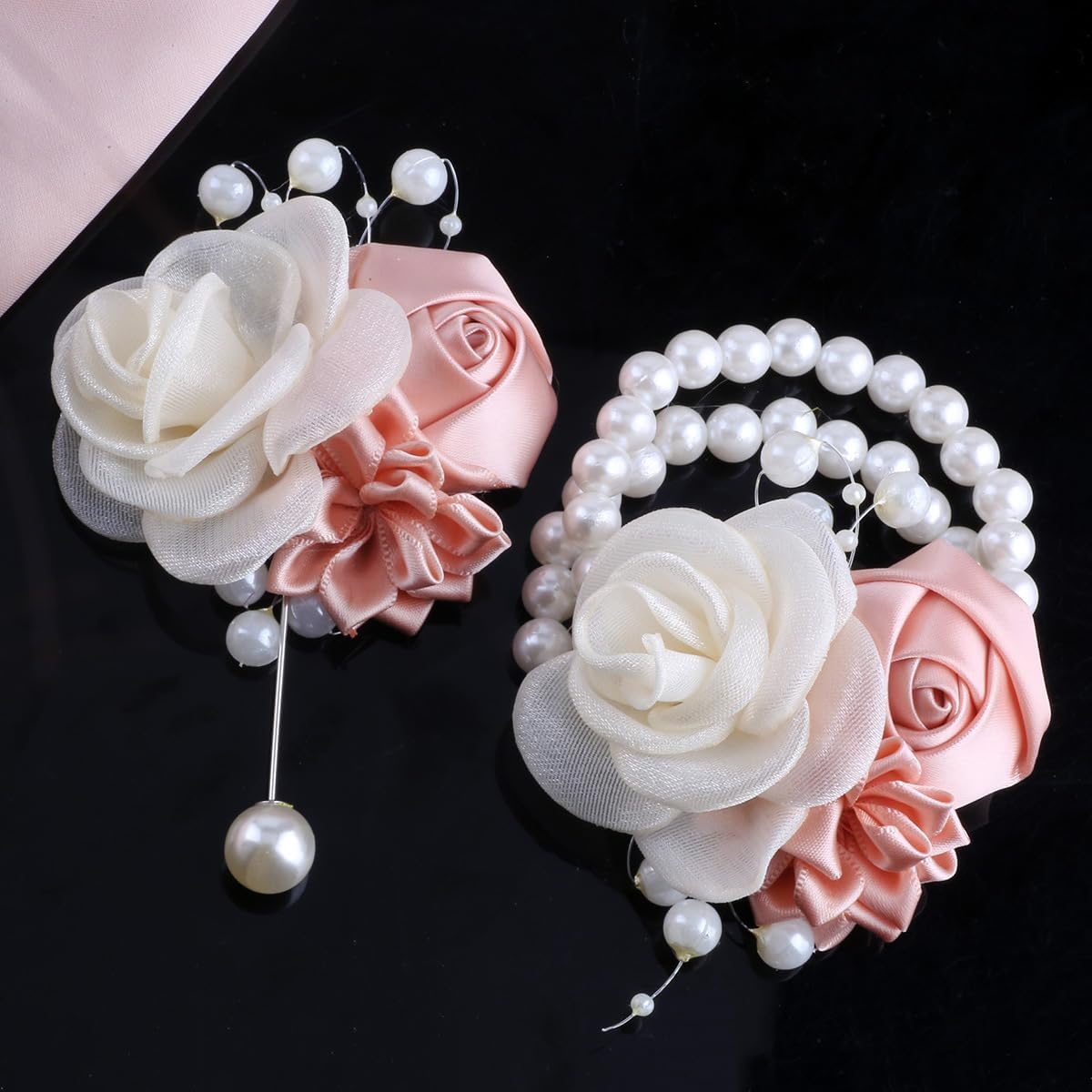 Wedding Prom Party Satin Rose Wrist Corsage Flower, 2Pcs Boutonniere and Wrist Corsage Wristband Roses Prom Flower Wedding Flowers Accessories Prom Suit Decorations (Pink)