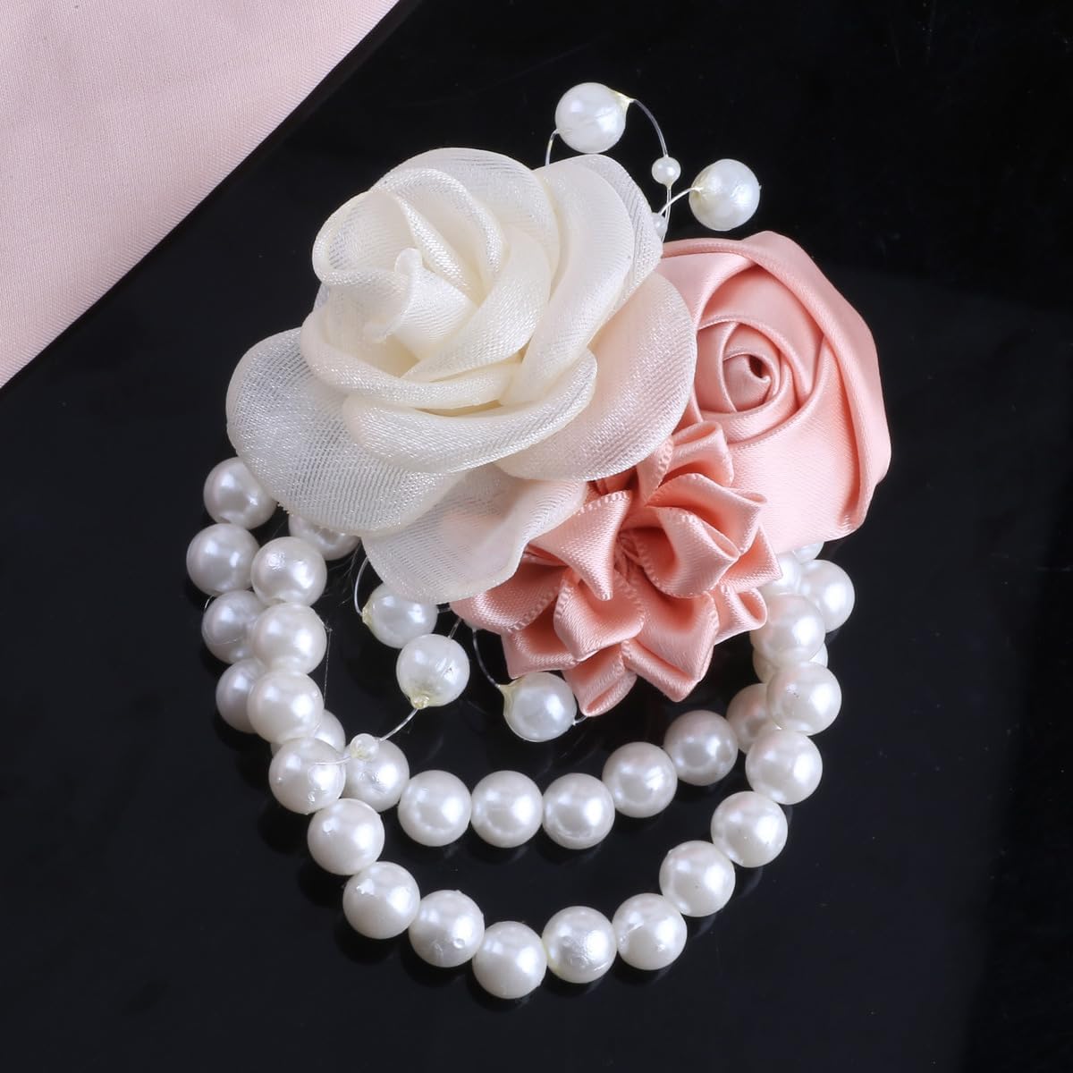 Wedding Prom Party Satin Rose Wrist Corsage Flower, 2Pcs Boutonniere and Wrist Corsage Wristband Roses Prom Flower Wedding Flowers Accessories Prom Suit Decorations (Pink)