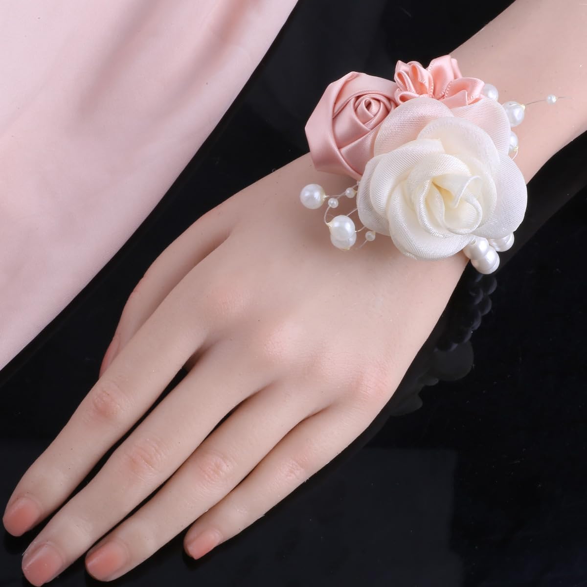 Wedding Prom Party Satin Rose Wrist Corsage Flower, 2Pcs Boutonniere and Wrist Corsage Wristband Roses Prom Flower Wedding Flowers Accessories Prom Suit Decorations (Pink)