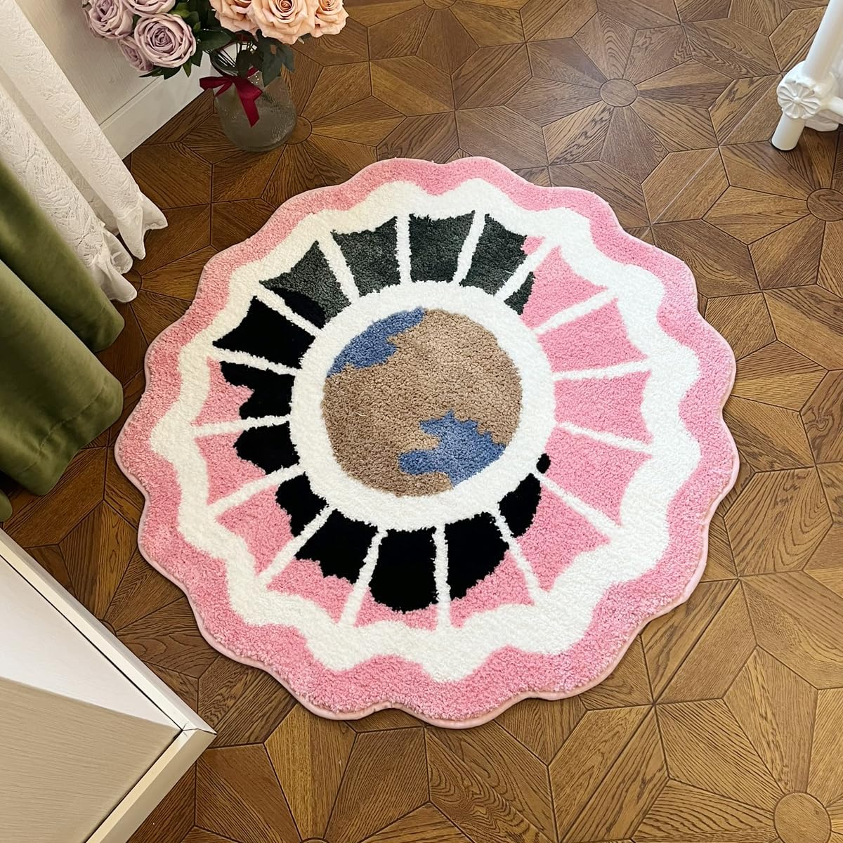 Pink Round Tufted Rug Soft Thick Plush Educational Non-Slip Durable Easy Clean Bedroom Friendly Global Decor (35.4X35.4 inch)