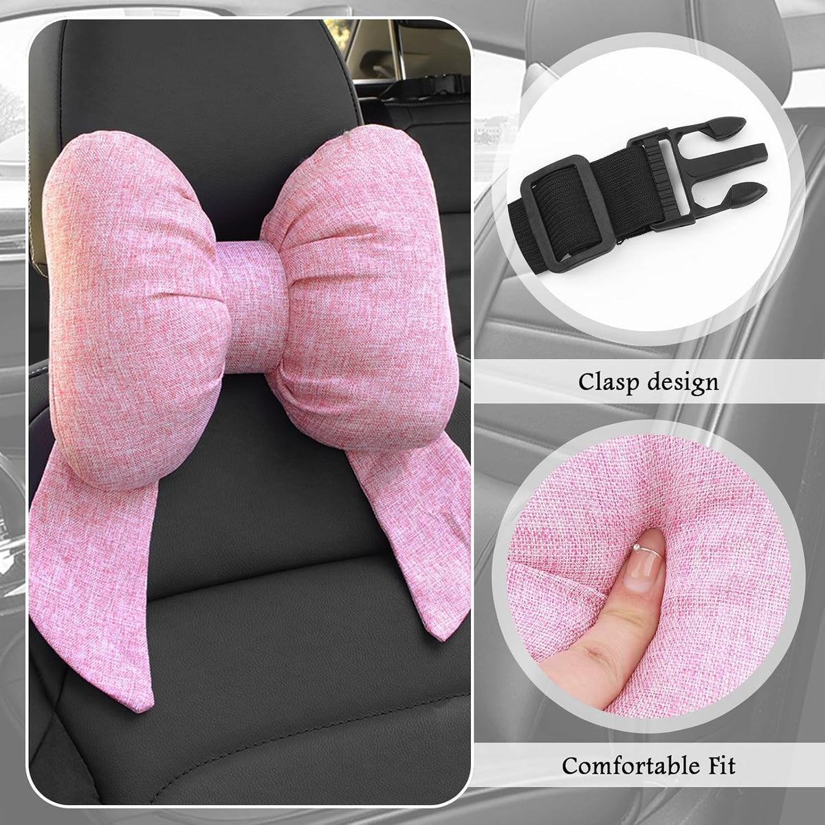 Cute Bow Car Headrest Pillow,Comfortable & Breathable Car Neck Pillows for Relief Neck Fatigue,Universal Head Rest Pillow for Cars Decoration as Birthday Gifts for Women,Girl (Pink)
