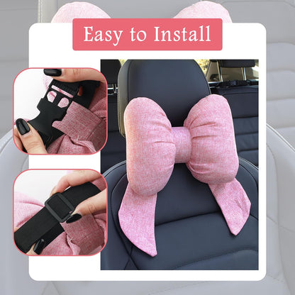 Cute Bow Car Headrest Pillow,Comfortable & Breathable Car Neck Pillows for Relief Neck Fatigue,Universal Head Rest Pillow for Cars Decoration as Birthday Gifts for Women,Girl (Pink)