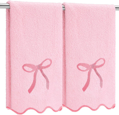 2 Pcs Pink Bow Scalloped Hand Towels for Bathroom 26 x 13 Inch