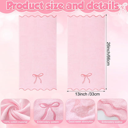 2 Pcs Pink Bow Scalloped Hand Towels for Bathroom 26 x 13 Inch