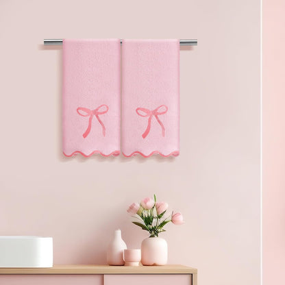 2 Pcs Pink Bow Scalloped Hand Towels for Bathroom 26 x 13 Inch