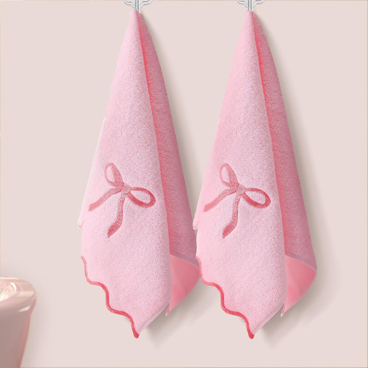 2 Pcs Pink Bow Scalloped Hand Towels for Bathroom 26 x 13 Inch