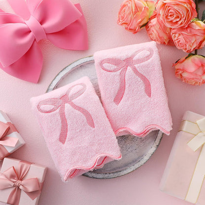 2 Pcs Pink Bow Scalloped Hand Towels for Bathroom 26 x 13 Inch