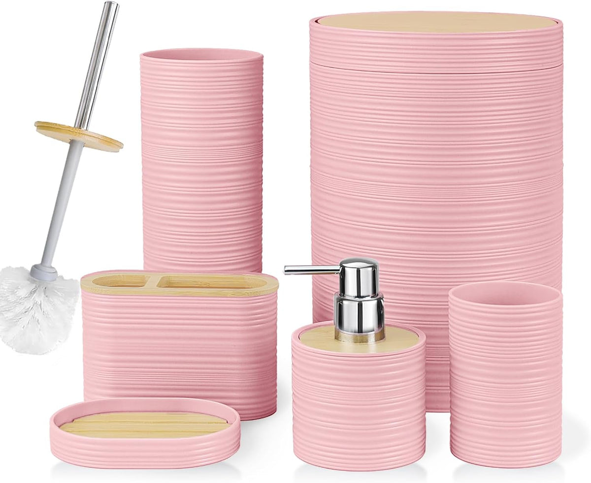Bamboo Bathroom Accessories Set 6 Piece Spiral Bath Ensemble（Pink）