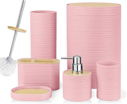 Bamboo Bathroom Accessories Set 6 Piece Spiral Bath Ensemble（Pink）