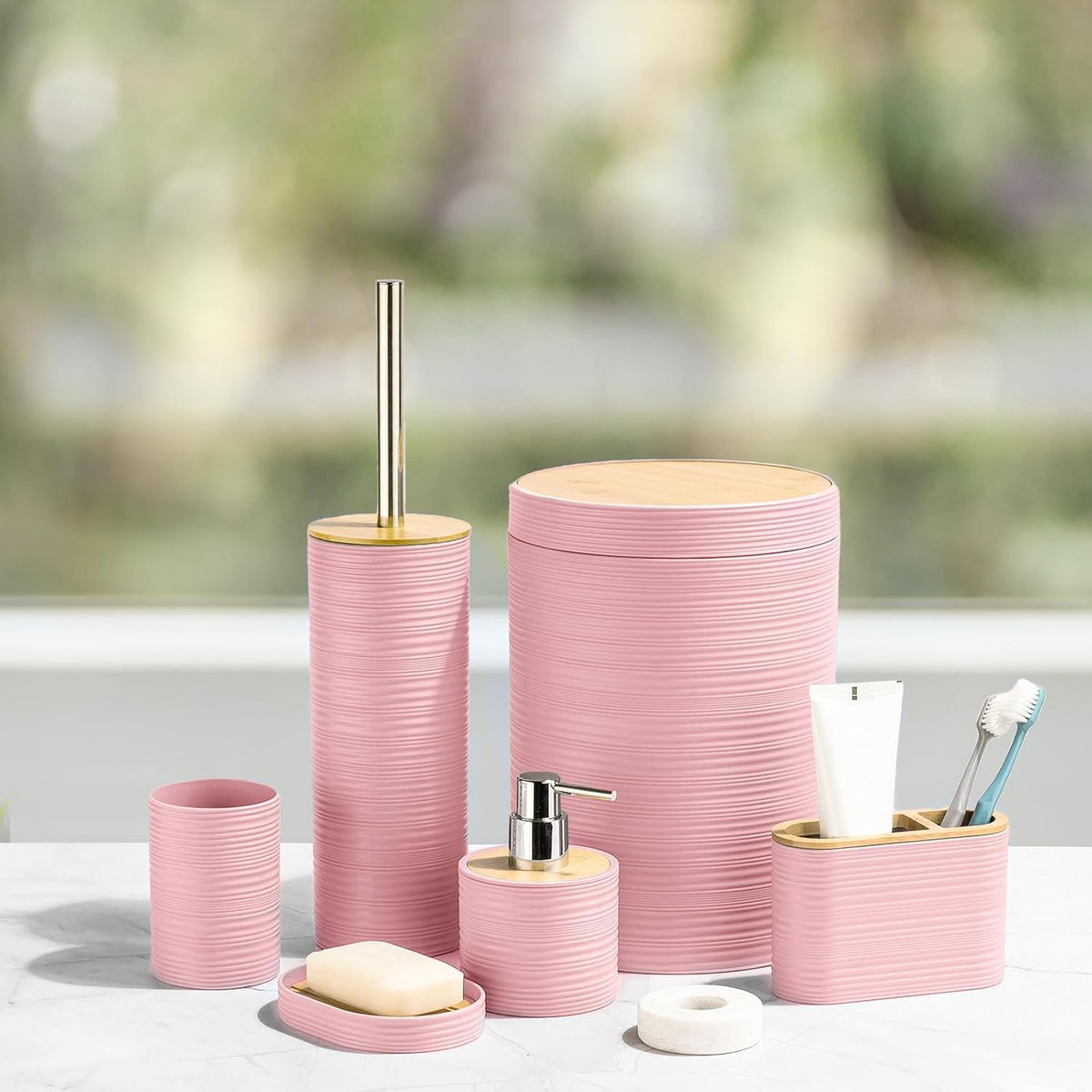 Bamboo Bathroom Accessories Set 6 Piece Spiral Bath Ensemble（Pink）