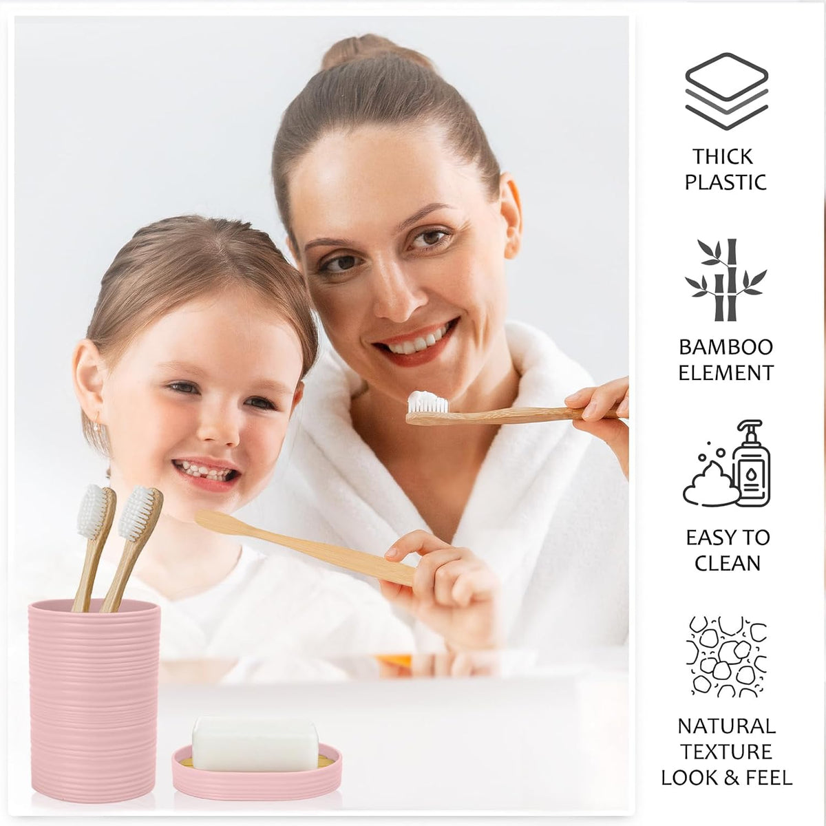 Bamboo Bathroom Accessories Set 6 Piece Spiral Bath Ensemble（Pink）