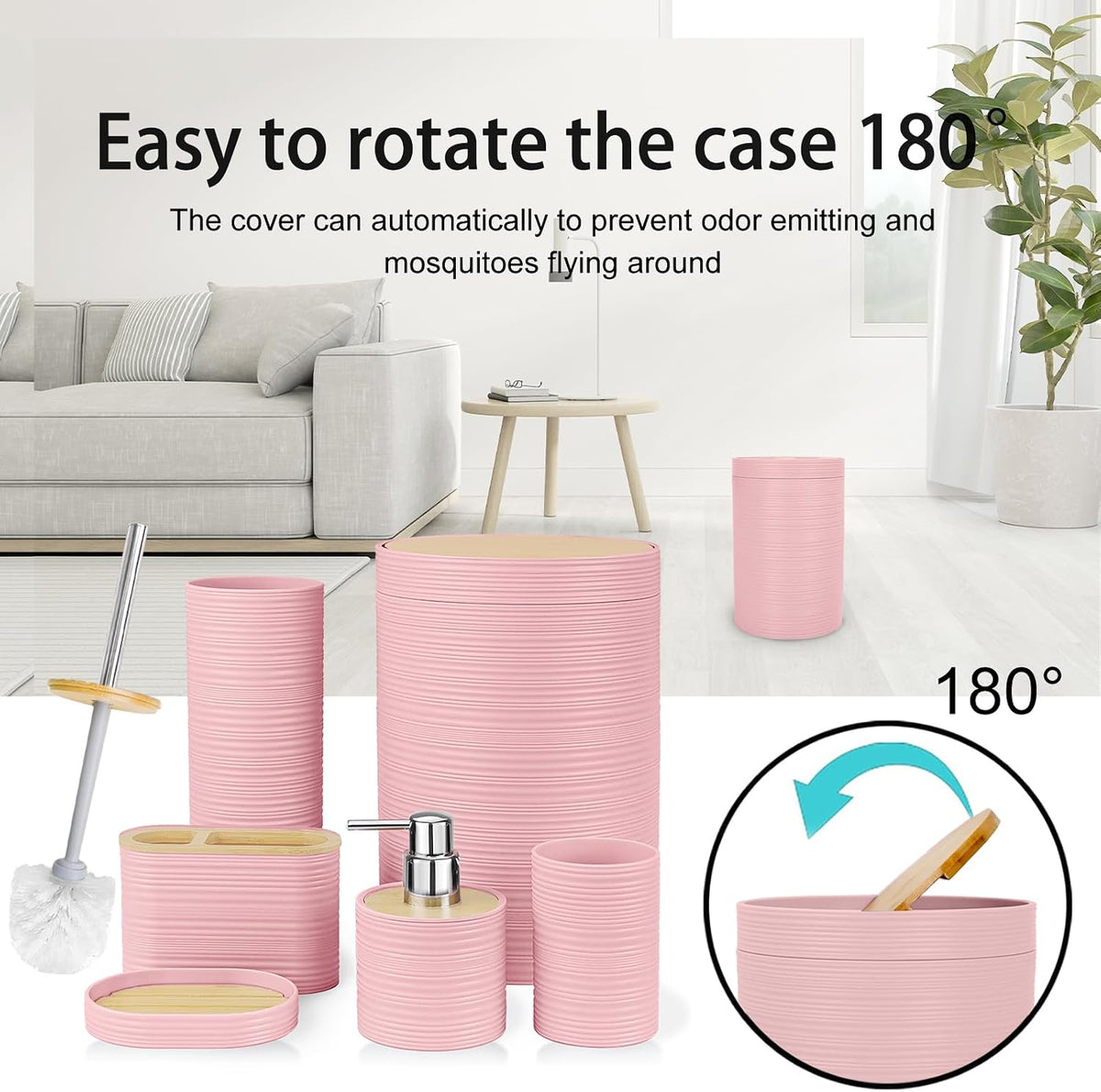 Bamboo Bathroom Accessories Set 6 Piece Spiral Bath Ensemble（Pink）