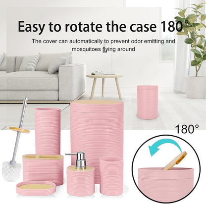 Bamboo Bathroom Accessories Set 6 Piece Spiral Bath Ensemble（Pink）