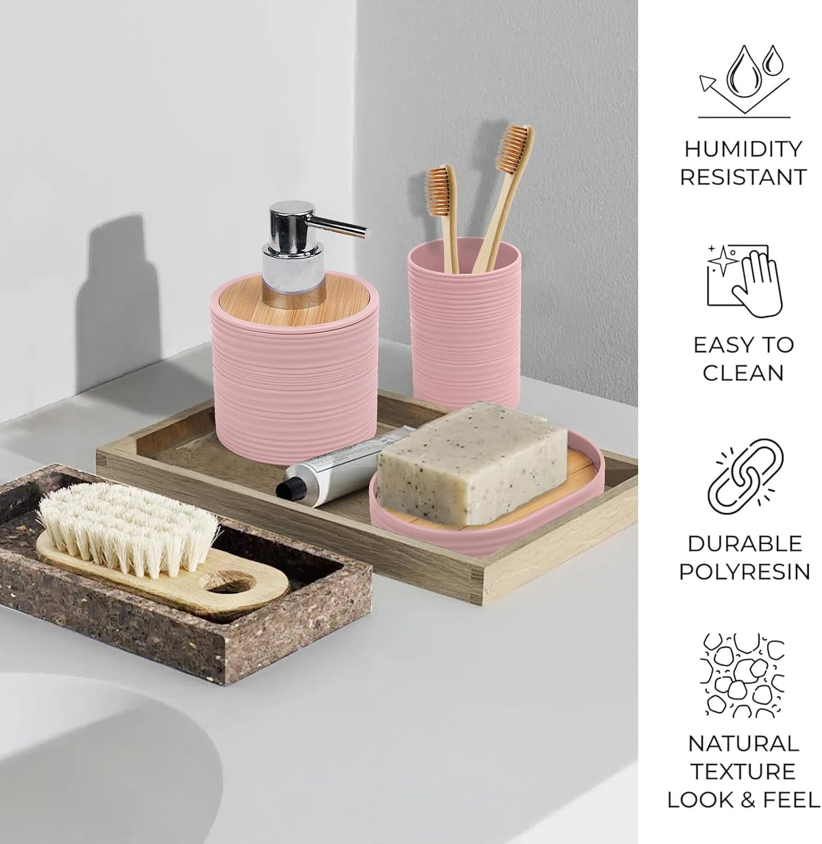 Bamboo Bathroom Accessories Set 6 Piece Spiral Bath Ensemble（Pink）