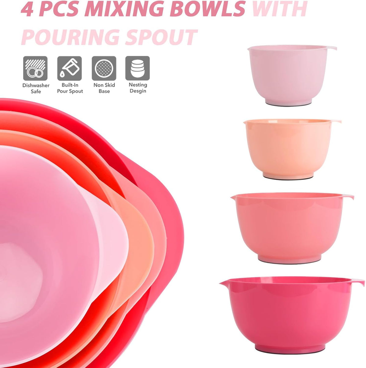 BoxedHome Mixing Bowls Set of 4, BPA Free Plastic,Microwave Safe, Rose Red