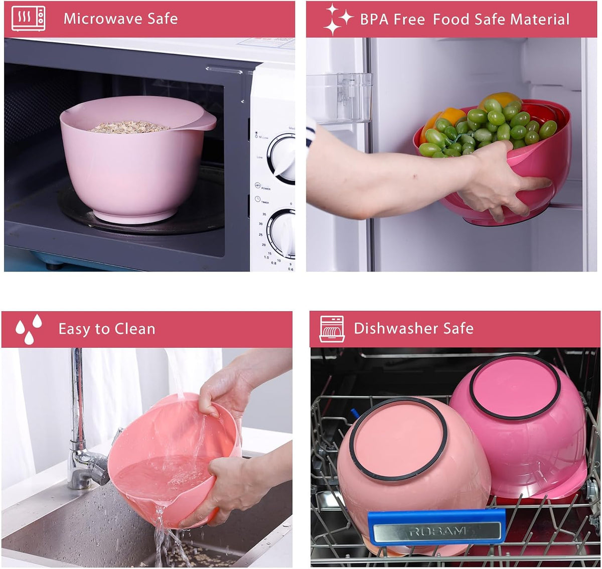 BoxedHome Mixing Bowls Set of 4, BPA Free Plastic,Microwave Safe, Rose Red