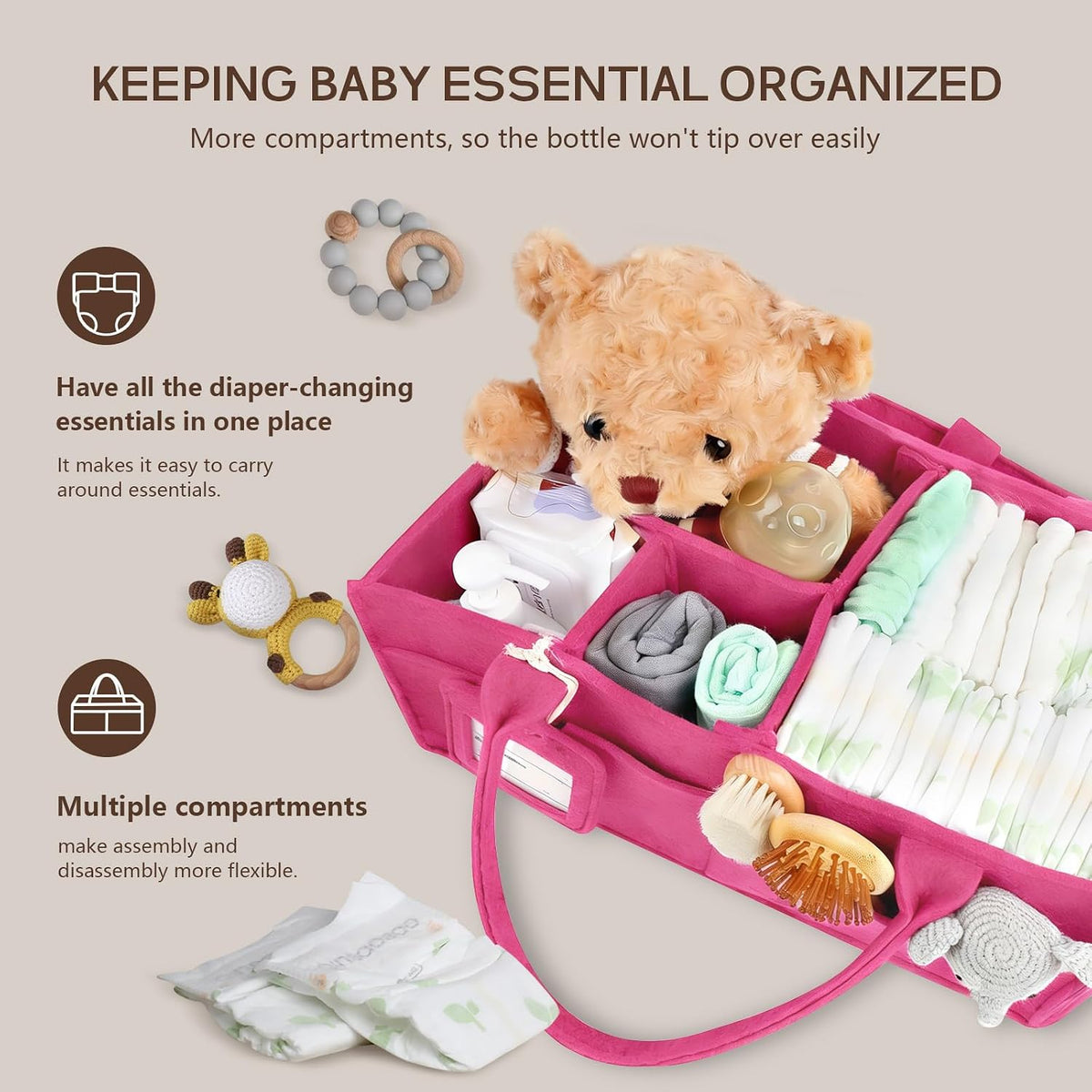 Diaper Caddy Organizer - Large Baby Caddy Organizer with Handle (Pink)