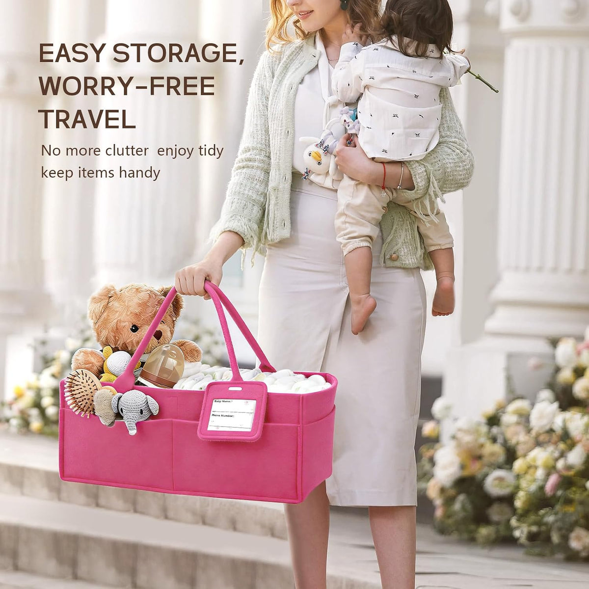 Diaper Caddy Organizer - Large Baby Caddy Organizer with Handle (Pink)