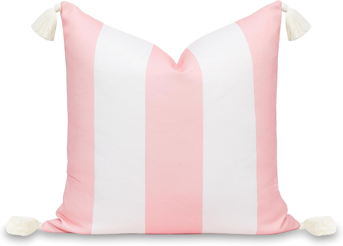 Coastal Patio Indoor Outdoor Throw Pillow Cover Only, 20"x20" Water Repellent for Backyard, Couch, Blush Pink Wide Stripes with Tassels