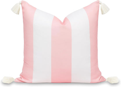Coastal Patio Indoor Outdoor Throw Pillow Cover Only, 20"x20" Water Repellent for Backyard, Couch, Blush Pink Wide Stripes with Tassels