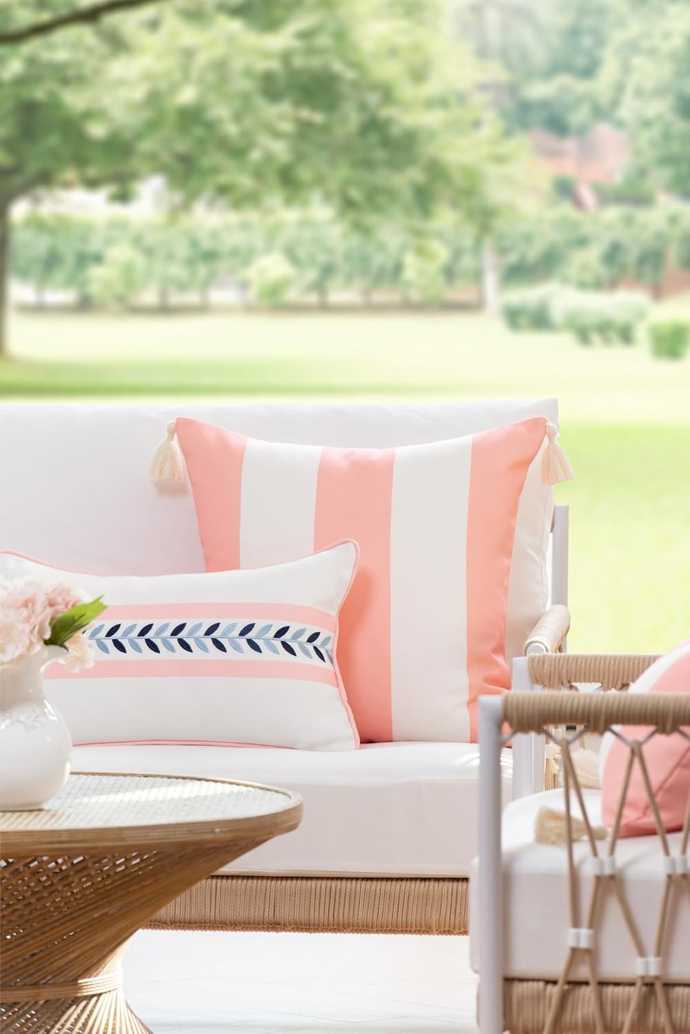 Coastal Patio Indoor Outdoor Throw Pillow Cover Only, 20"x20" Water Repellent for Backyard, Couch, Blush Pink Wide Stripes with Tassels