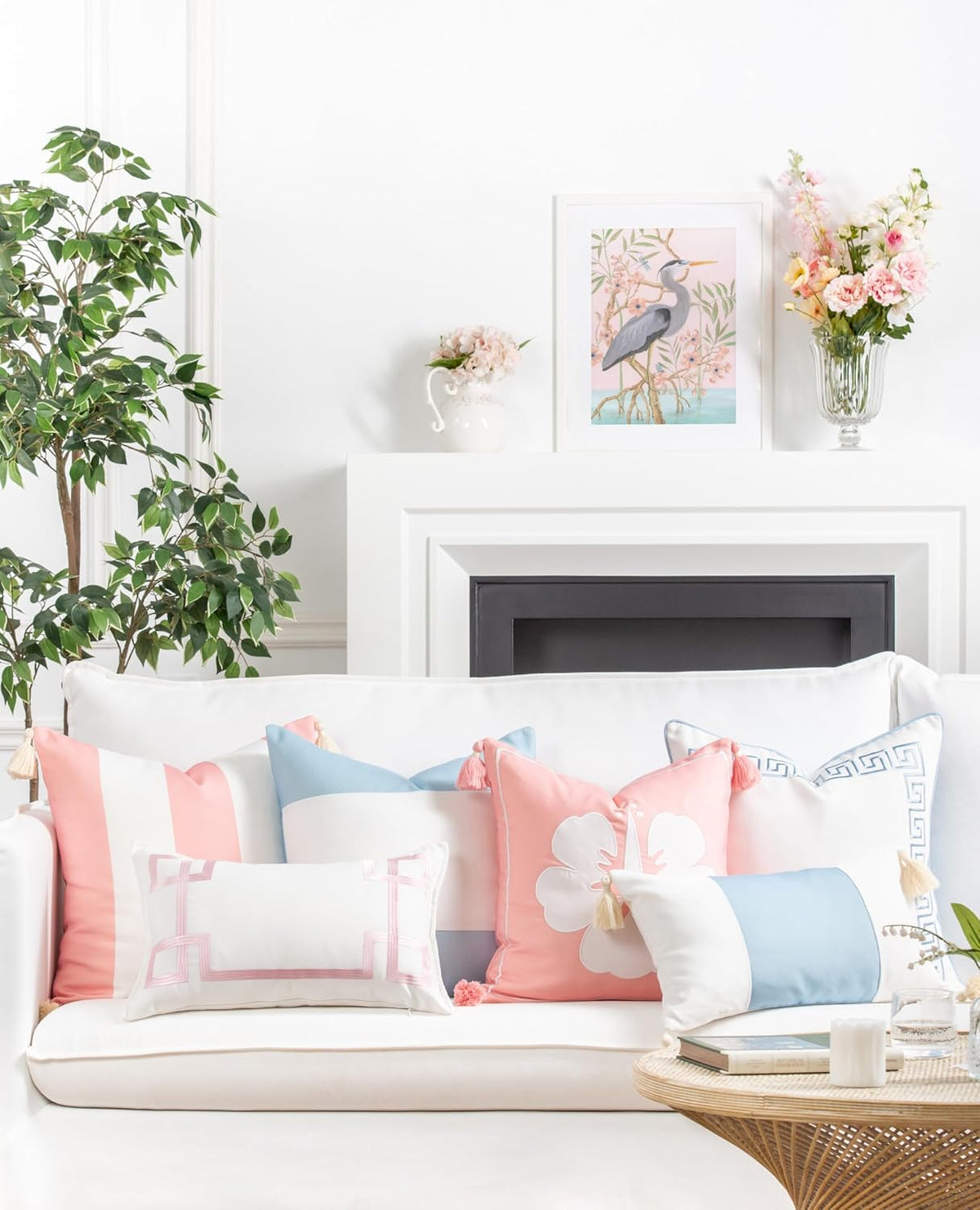 Coastal Patio Indoor Outdoor Throw Pillow Cover Only, 20"x20" Water Repellent for Backyard, Couch, Blush Pink Wide Stripes with Tassels