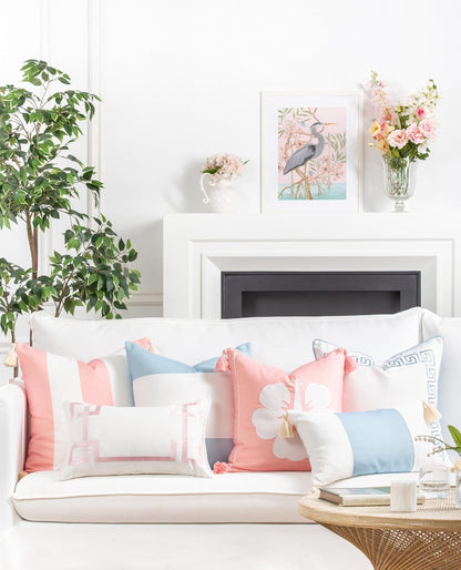Coastal Patio Indoor Outdoor Throw Pillow Cover Only, 20"x20" Water Repellent for Backyard, Couch, Blush Pink Wide Stripes with Tassels