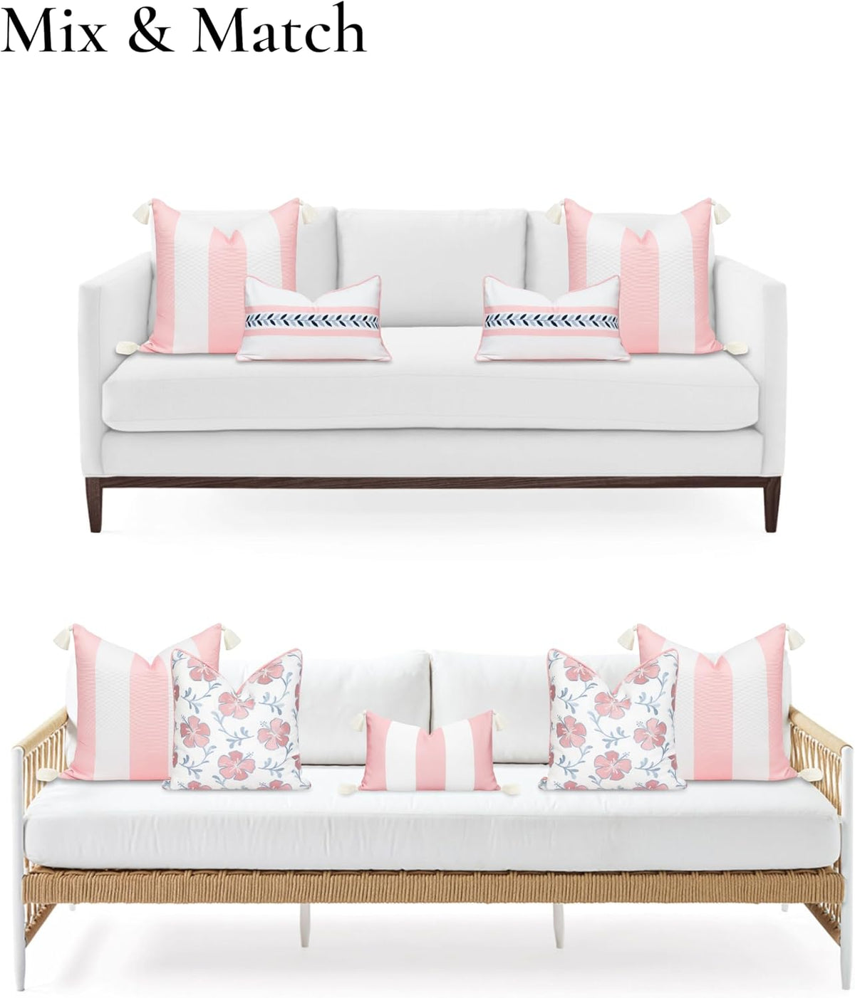 Coastal Patio Indoor Outdoor Throw Pillow Cover Only, 20"x20" Water Repellent for Backyard, Couch, Blush Pink Wide Stripes with Tassels