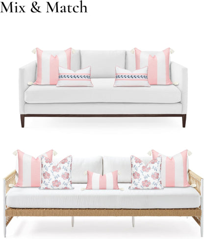 Coastal Patio Indoor Outdoor Throw Pillow Cover Only, 20"x20" Water Repellent for Backyard, Couch, Blush Pink Wide Stripes with Tassels