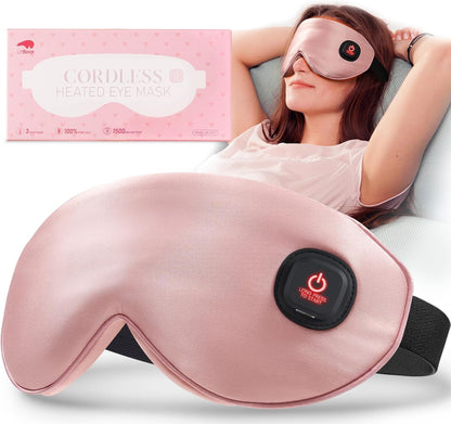 Heated Eye Mask, Silk Cordless Warm Eye Compress for Dry Eyes, Light Blocking Heat Eye Mask for Women Men, Soft Eye Heating Pad for Dry Eyes, Travel, Rechargeable, Washable Cover (Pink)