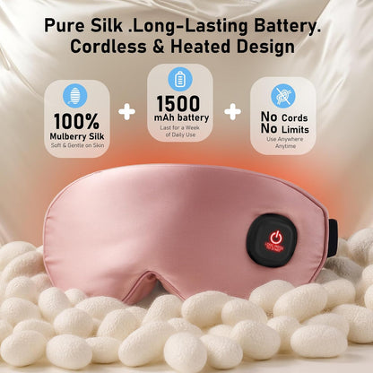 Heated Eye Mask, Silk Cordless Warm Eye Compress for Dry Eyes, Light Blocking Heat Eye Mask for Women Men, Soft Eye Heating Pad for Dry Eyes, Travel, Rechargeable, Washable Cover (Pink)