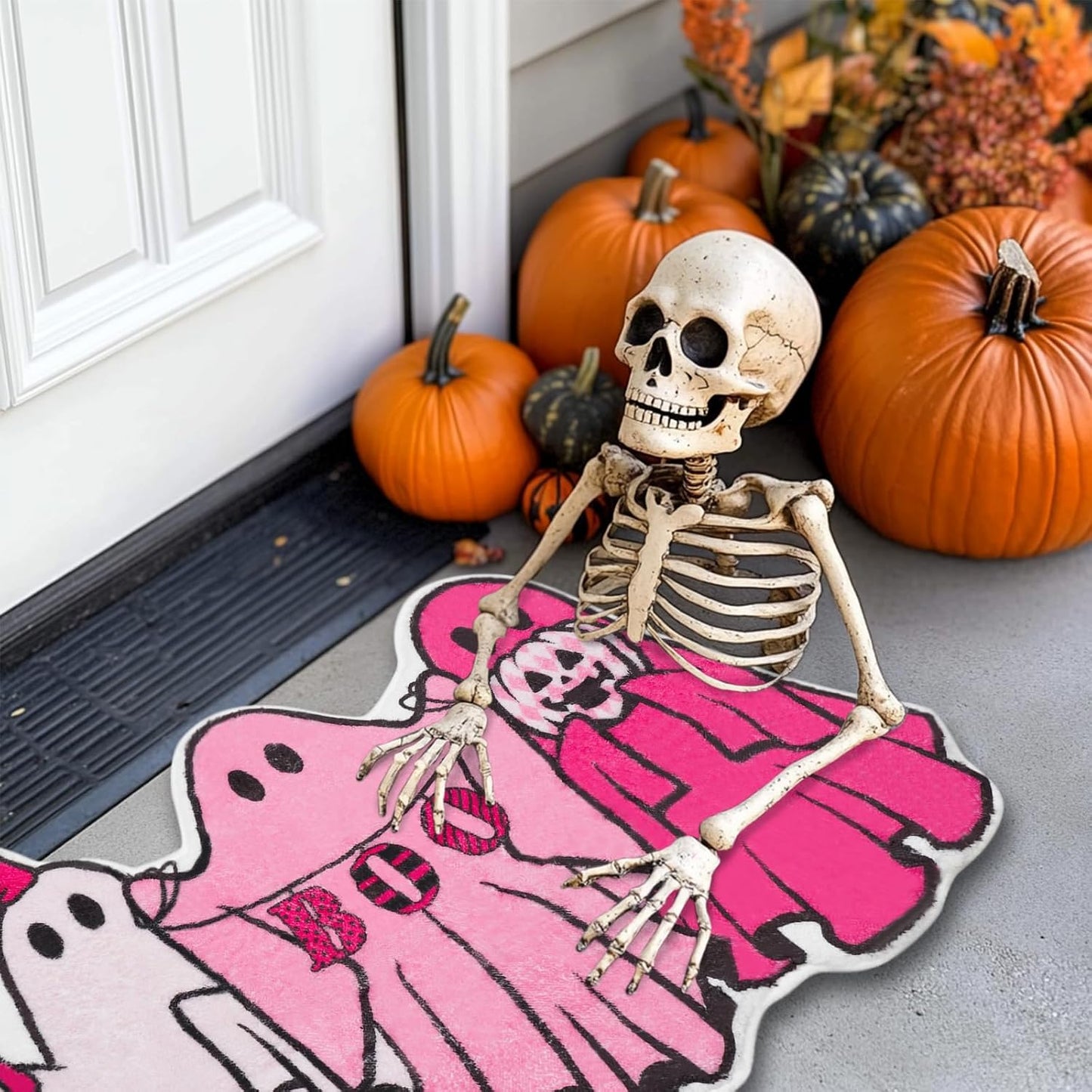 Halloween Bath Mat Pink Ghost Bathroom Rugs Non Slip Spooky Plush Shower Rugs Washable Halloween Absorbent Bath Tub Carpet Halloween Bathroom Decor Supplies