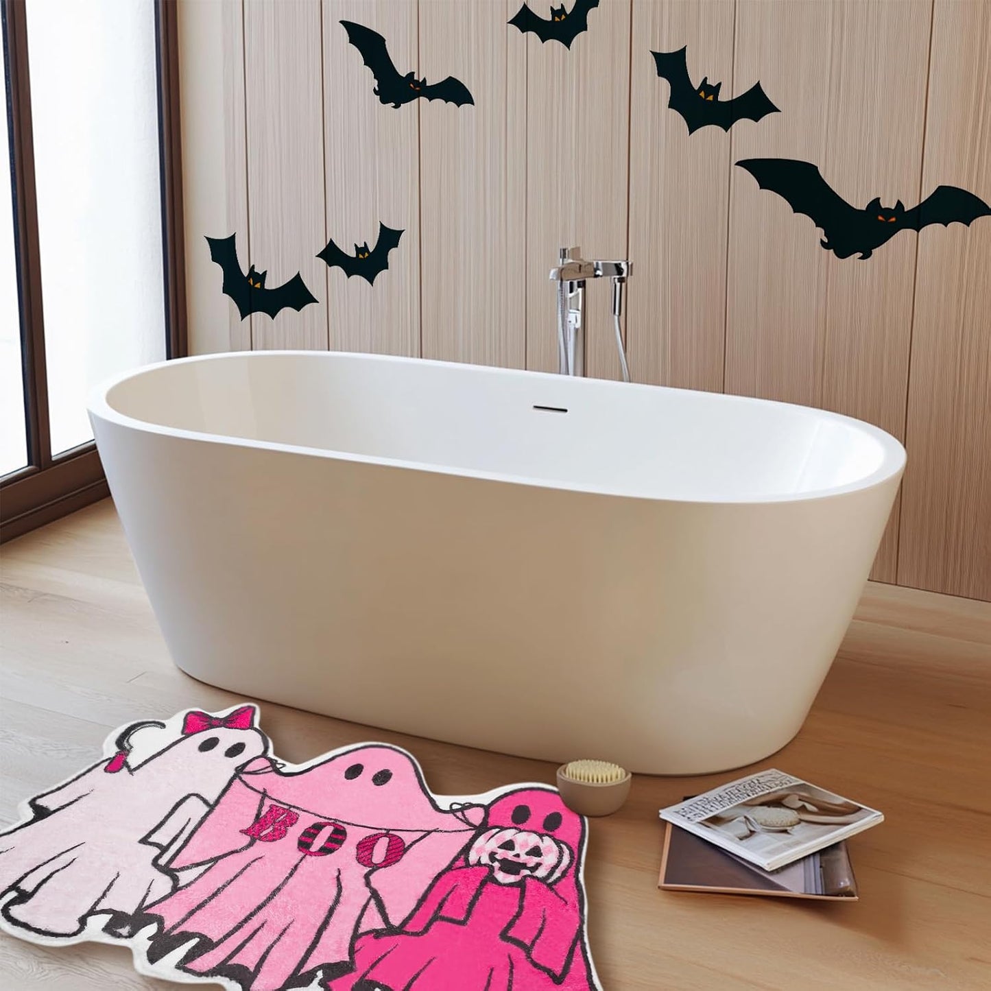 Halloween Bath Mat Pink Ghost Bathroom Rugs Non Slip Spooky Plush Shower Rugs Washable Halloween Absorbent Bath Tub Carpet Halloween Bathroom Decor Supplies