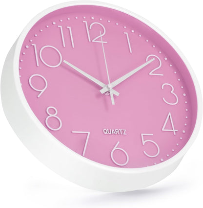 Wall Clock 10 Inch Non-Ticking Silent Modern Simple Style Round Decor Clock Pink Stereoscopic Dial Quartz Wall Clocks for Home/Office/School/Living Room/Bedroom/Kitchen