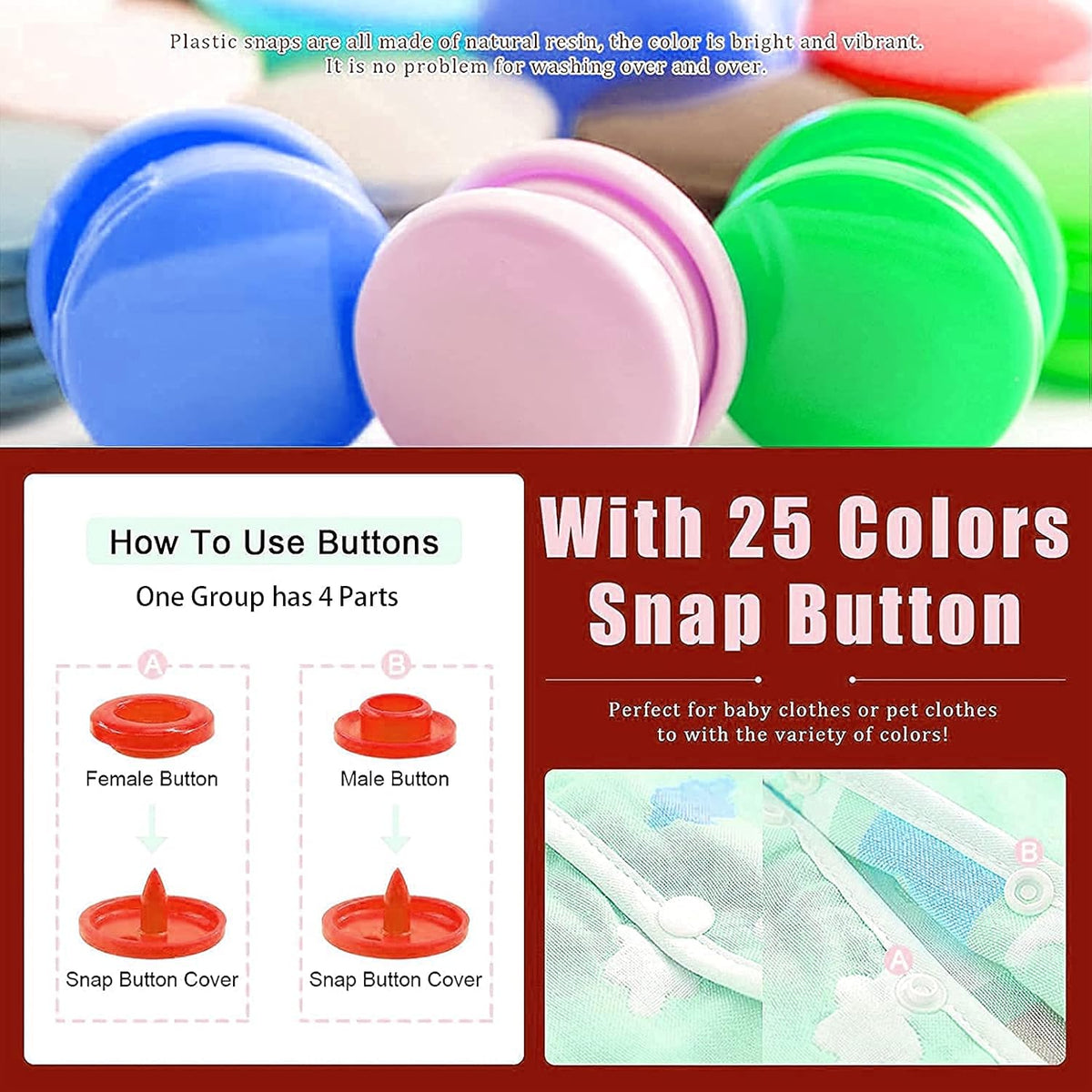 Plastic and Metal Snap Buttons with Snaps Pliers Set,300 Sets Plastic and Metal Snap Buttons for Sewing and Crafting (Pink)