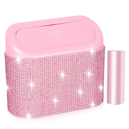 Bling Pink Car Trash Can with Lid, Mini Auto Garbage Can with 30 Trash Bags, Automotive Garbage Container Bin, Bling Car Accessories Trash Can for Women (Pink Diamond)
