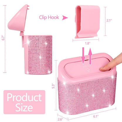 Bling Pink Car Trash Can with Lid, Mini Auto Garbage Can with 30 Trash Bags, Automotive Garbage Container Bin, Bling Car Accessories Trash Can for Women (Pink Diamond)