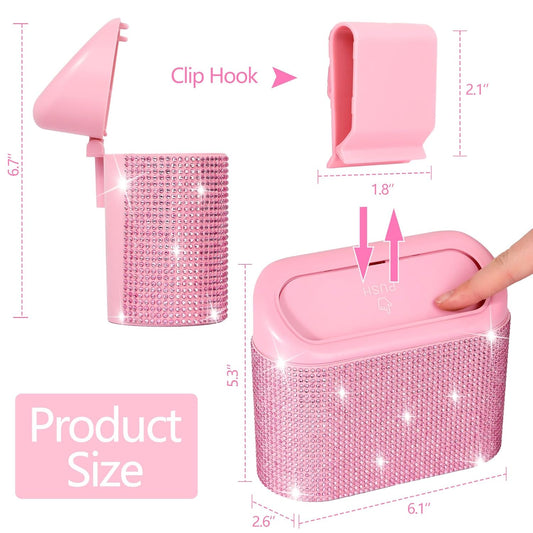 Bling Pink Car Trash Can with Lid, Mini Auto Garbage Can with 30 Trash Bags, Automotive Garbage Container Bin, Bling Car Accessories Trash Can for Women (Pink Diamond)